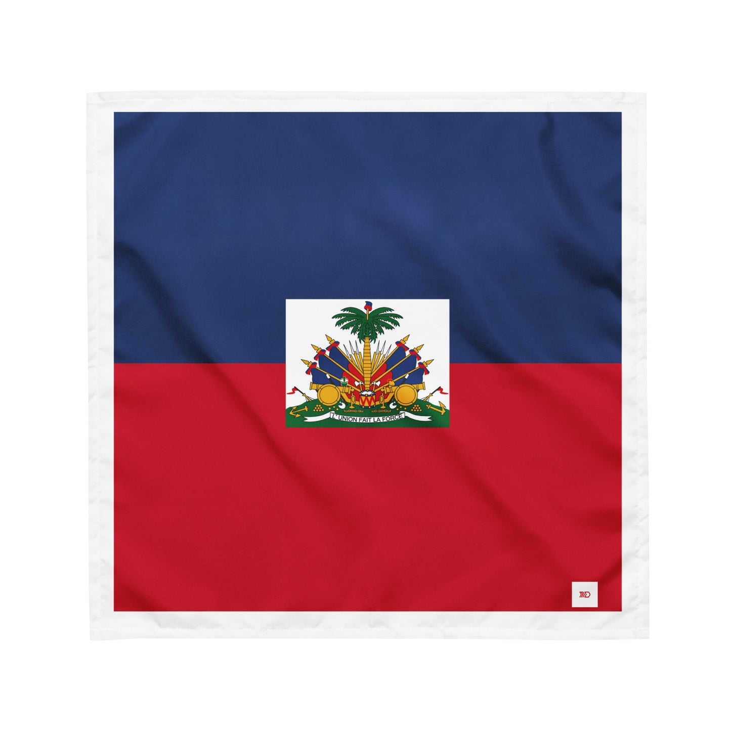 Flag of Haiti with a coat of arms in the center on a white background