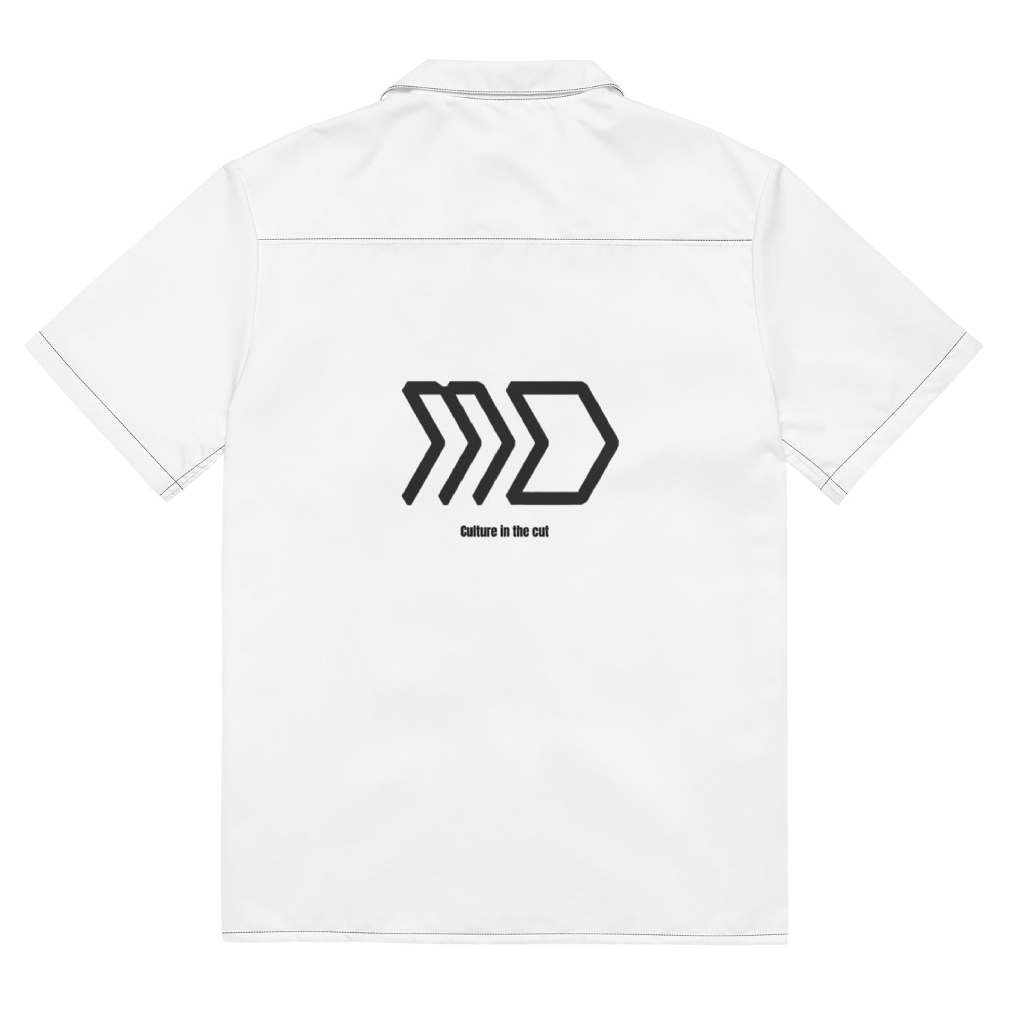 White polo shirt with black logo on the back against a white background