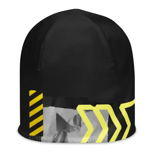MD Black Beanie Cap with yellow hazard MD stripe - Maison Demar streetwear