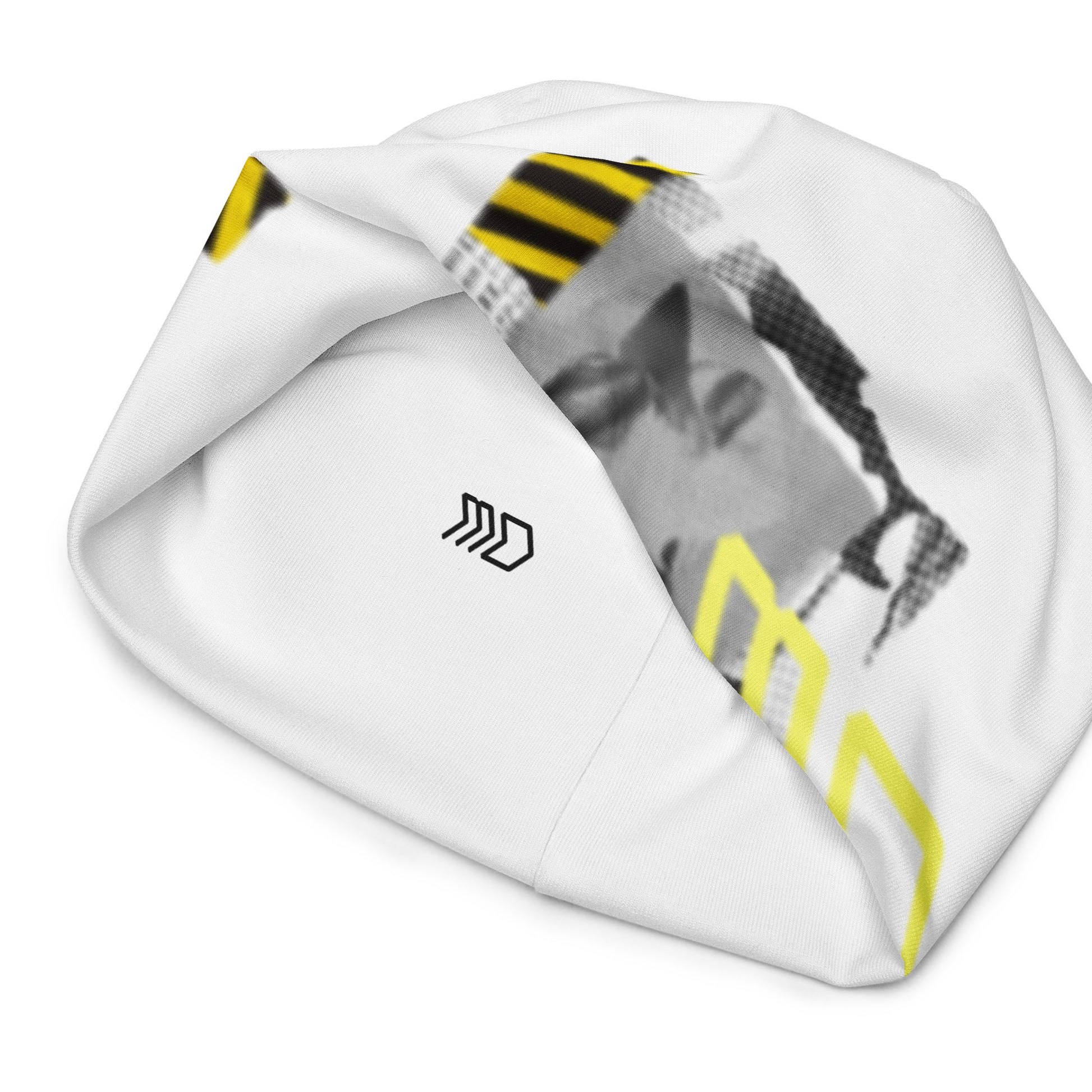 MD White Beanie Cap with black and yellow Maison Demar branding