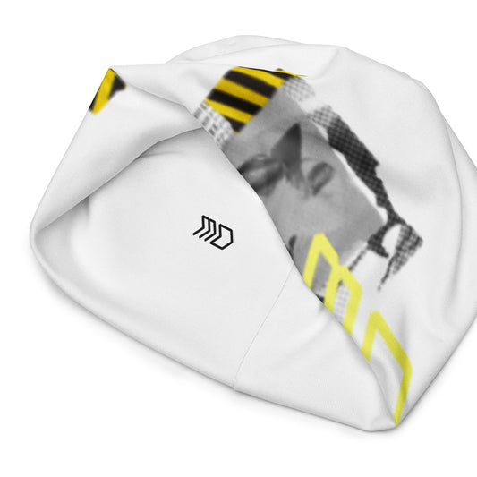 MD White Beanie Cap with black and yellow Maison Demar branding