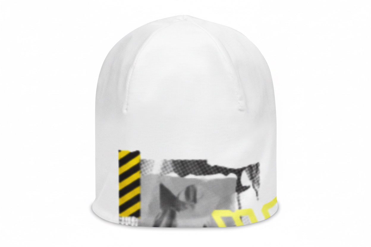 MD White Beanie Cap front view - Brooklyn-made streetwear accessory