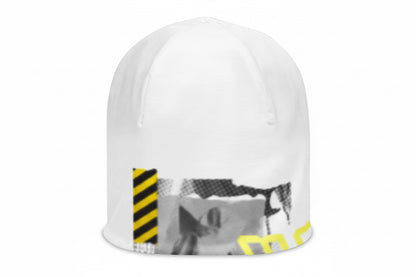 MD White Beanie Cap front view - Brooklyn-made streetwear accessory