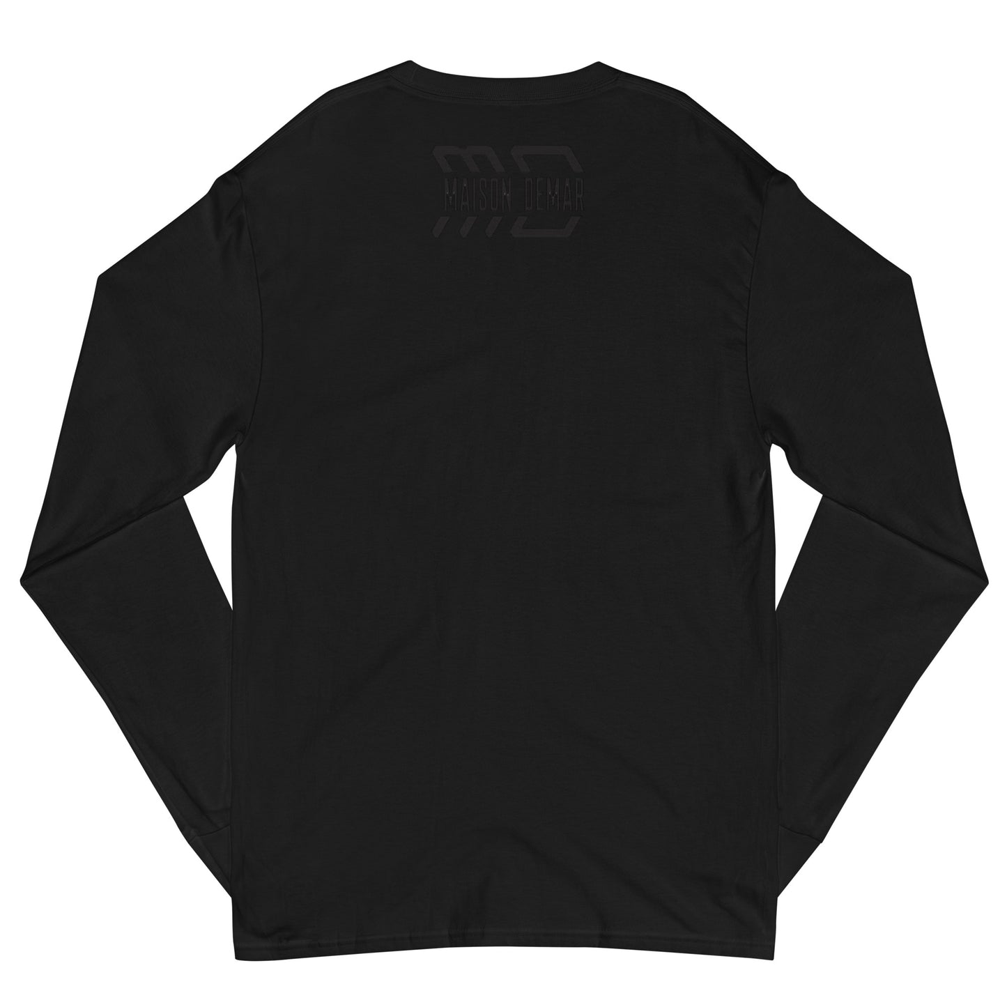 Black long-sleeve shirt with a logo on the back against a white background