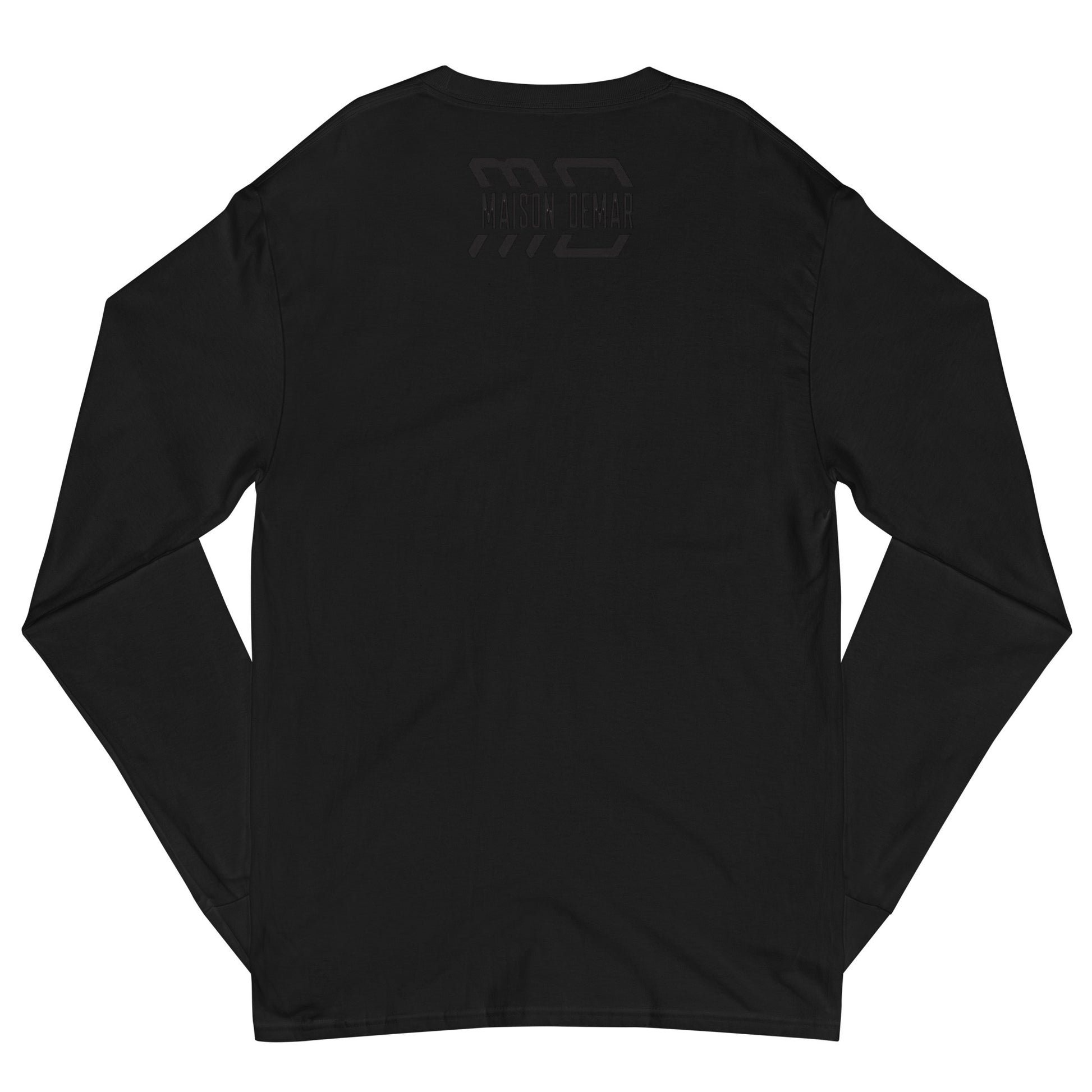 Black long-sleeve shirt with a logo on the back against a white background