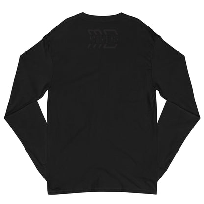 Black long-sleeve shirt with a logo on the back against a white background