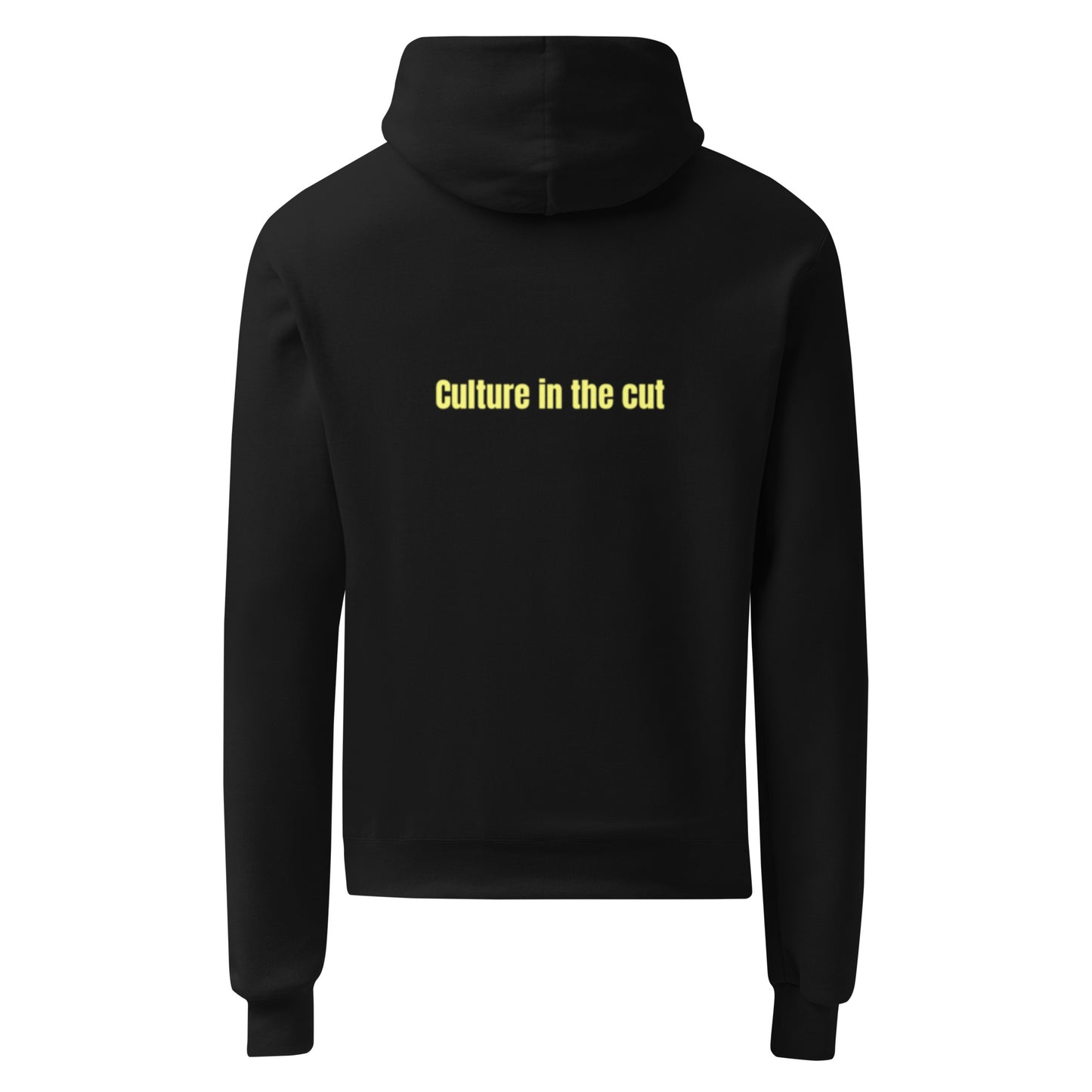 Black hoodie with 'Culture in the cut' text on the back against a white background