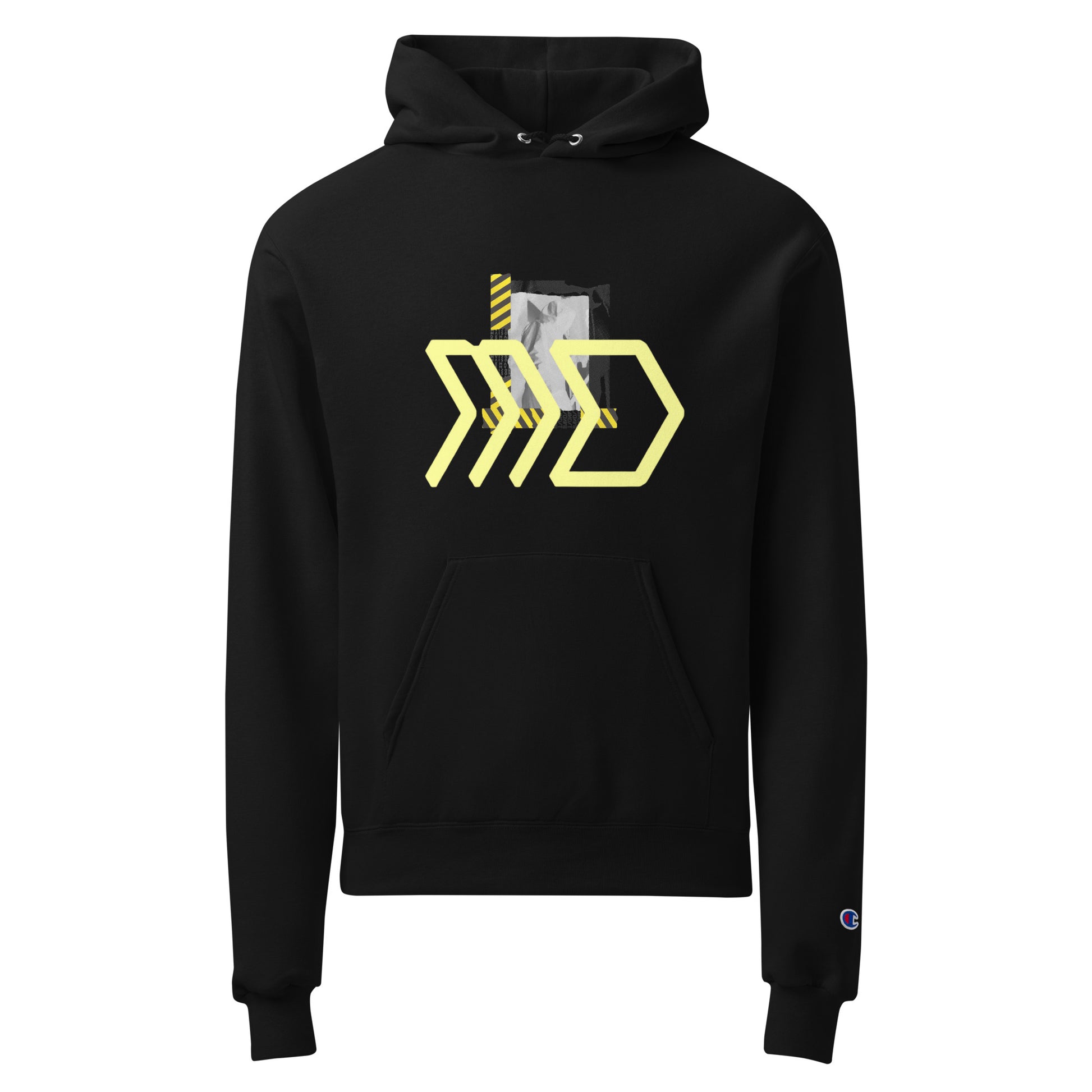 Black hoodie with yellow geometric design on a white background