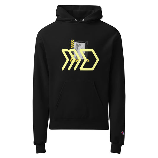 Black hoodie with yellow geometric design on a white background