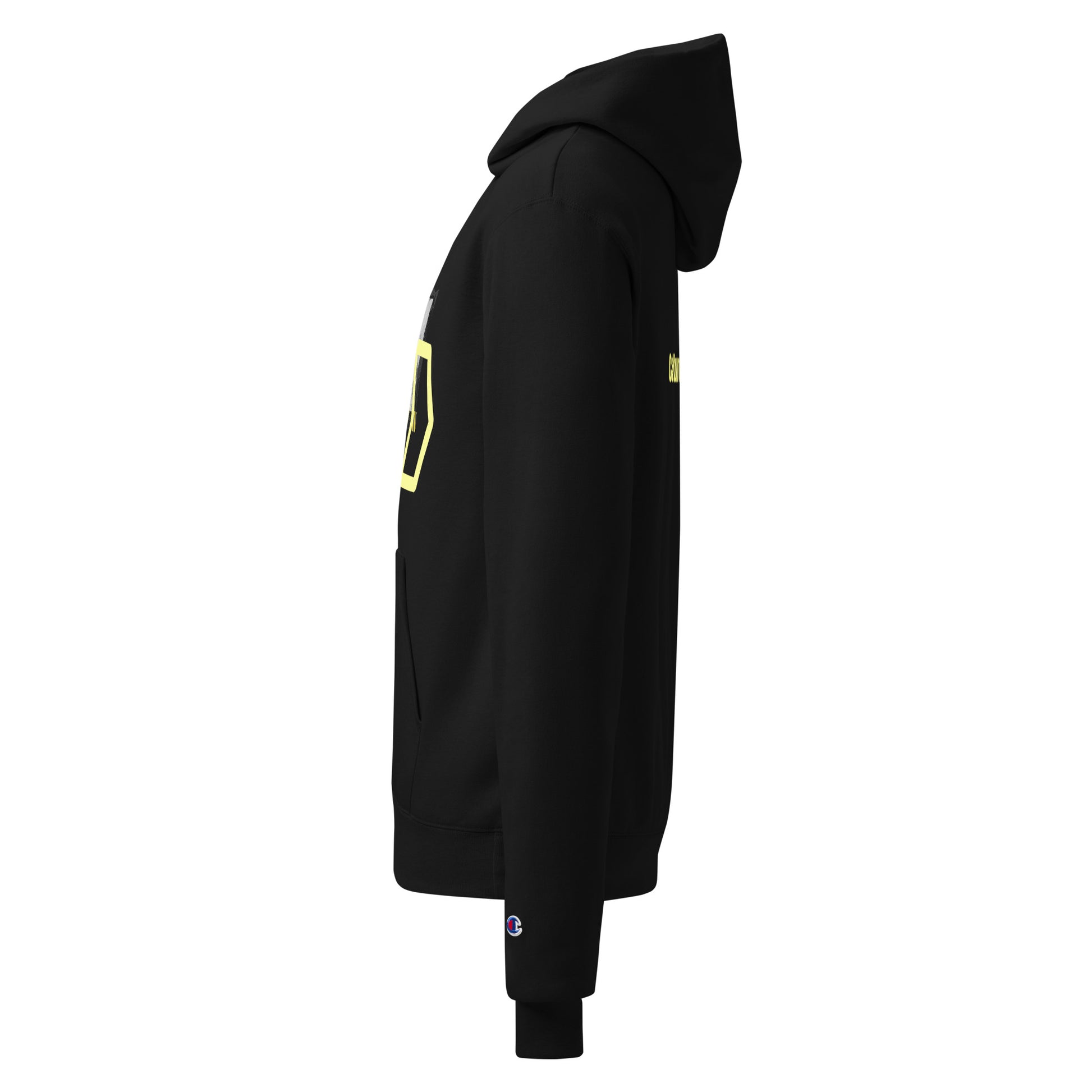 Black hoodie with yellow accents on a white background