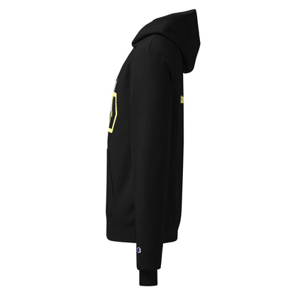 Black hoodie with yellow accents on a white background