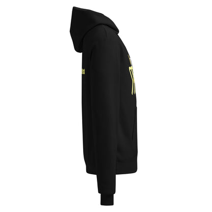 Black hoodie with yellow zippers on a white background
