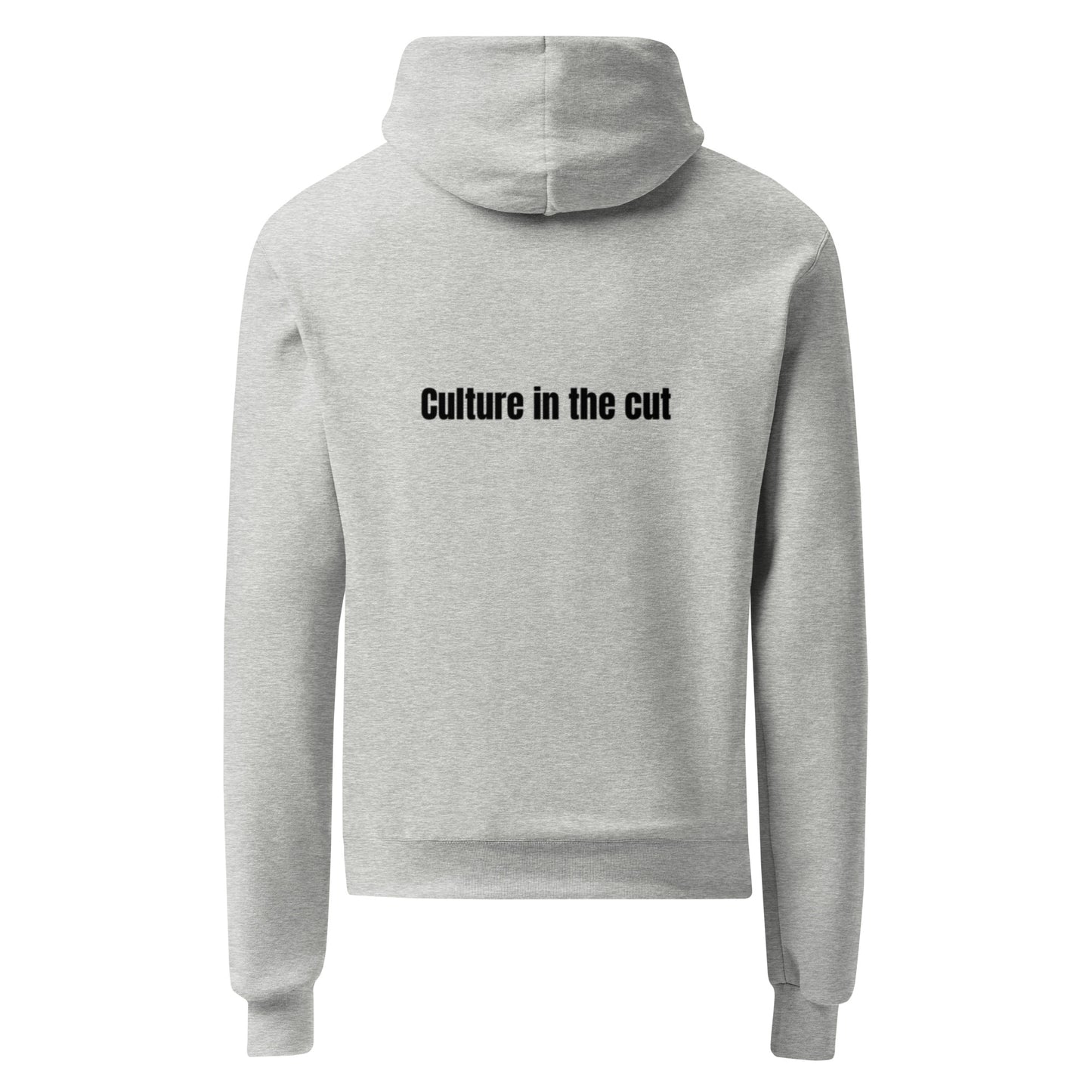 Gray hoodie with 'Culture in the cut' text on the back against a white background