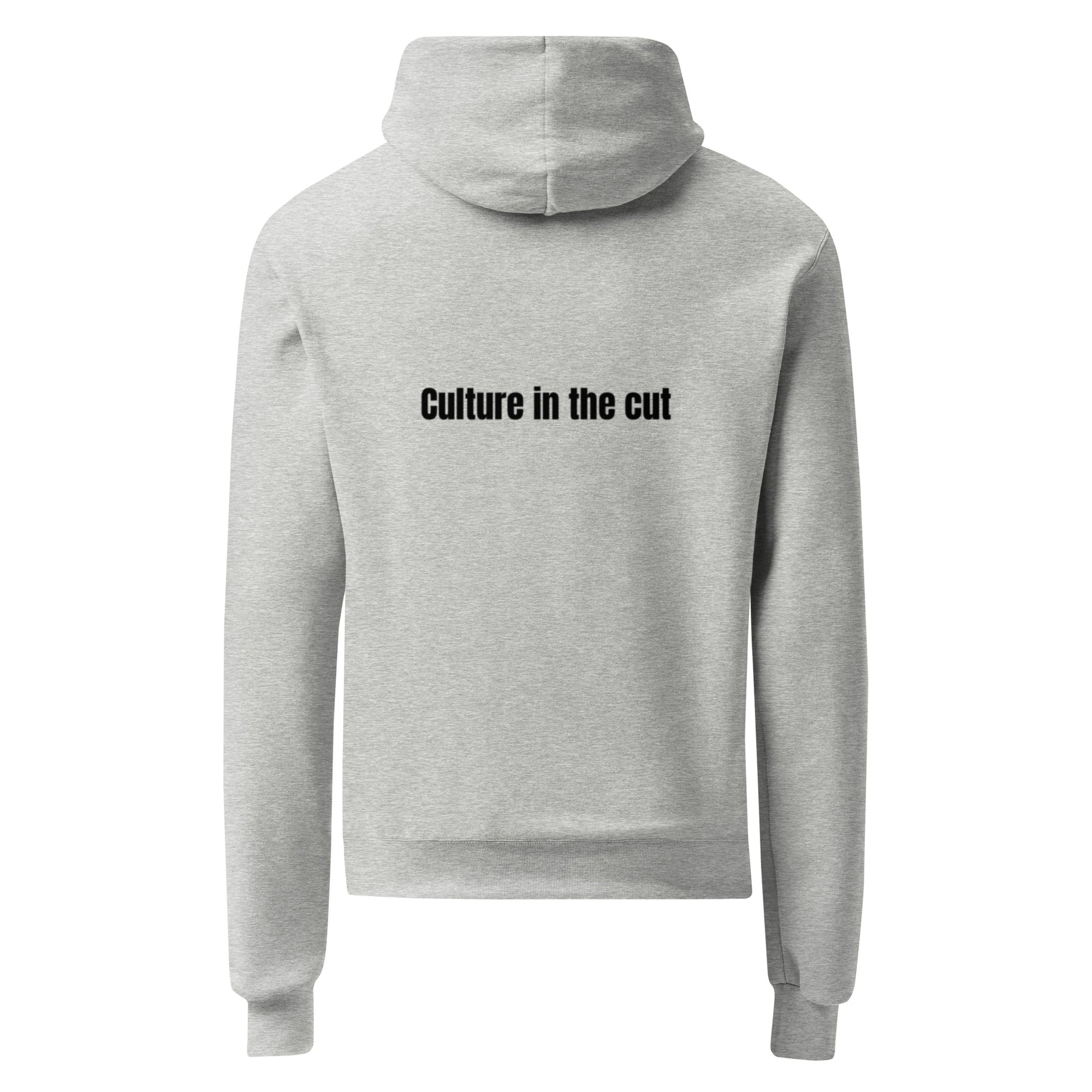 Gray hoodie with 'Culture in the cut' text on the back against a white background