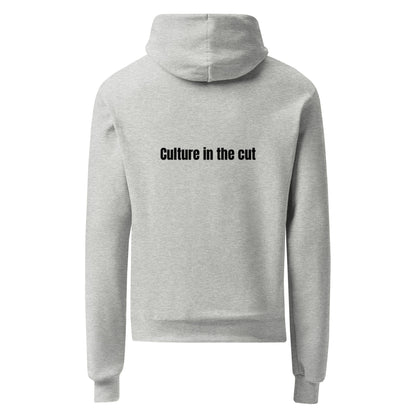 Gray hoodie with 'Culture in the cut' text on the back against a white background