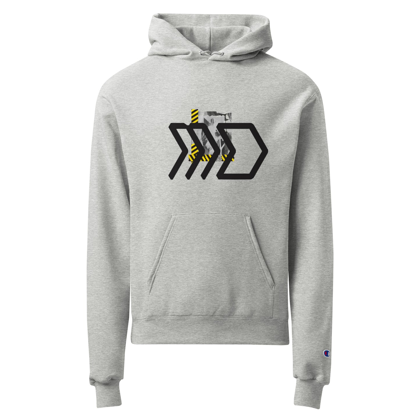 Gray hoodie with a logo on the chest against a white background