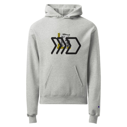 Gray hoodie with a logo on the chest against a white background