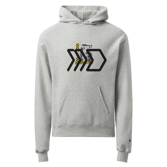 Gray hoodie with a logo on the chest against a white background