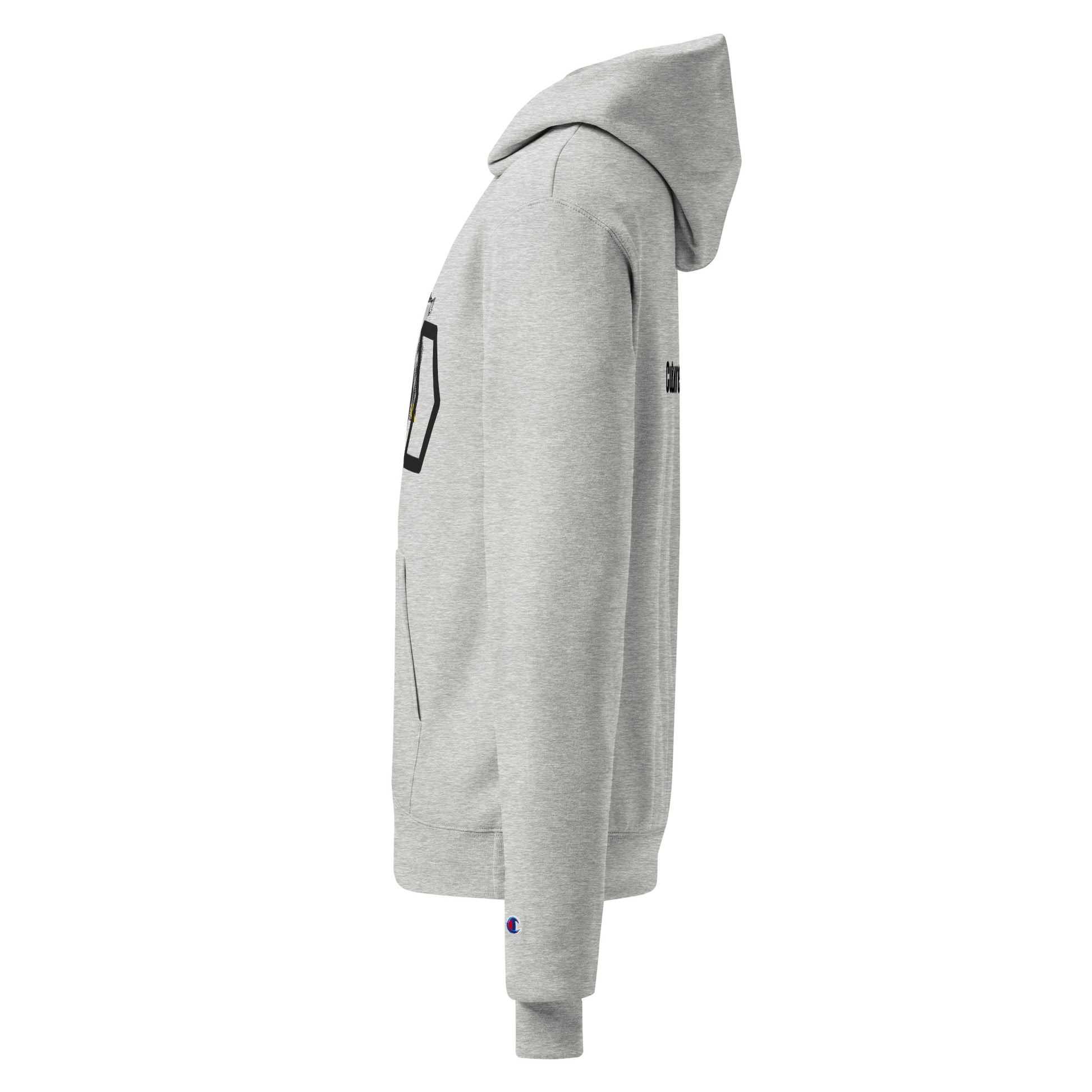 Gray hoodie with a logo on the chest and sleeve against a white background