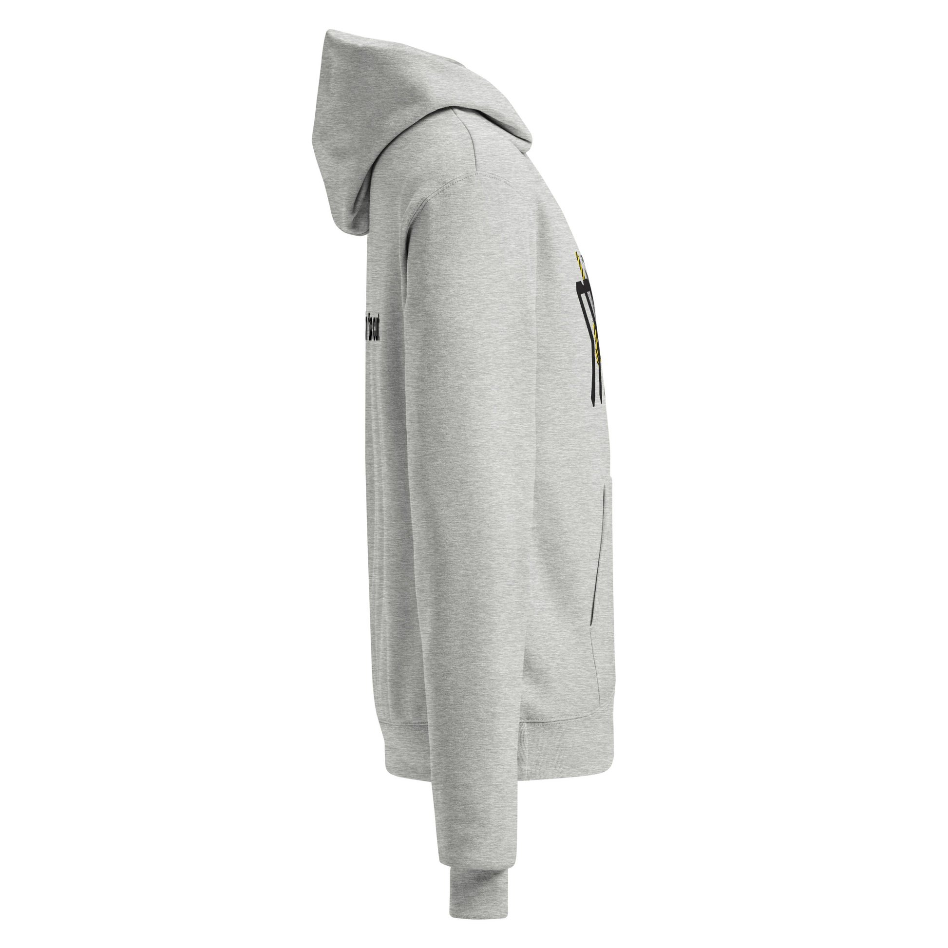 Gray hoodie with a brand logo on a white background