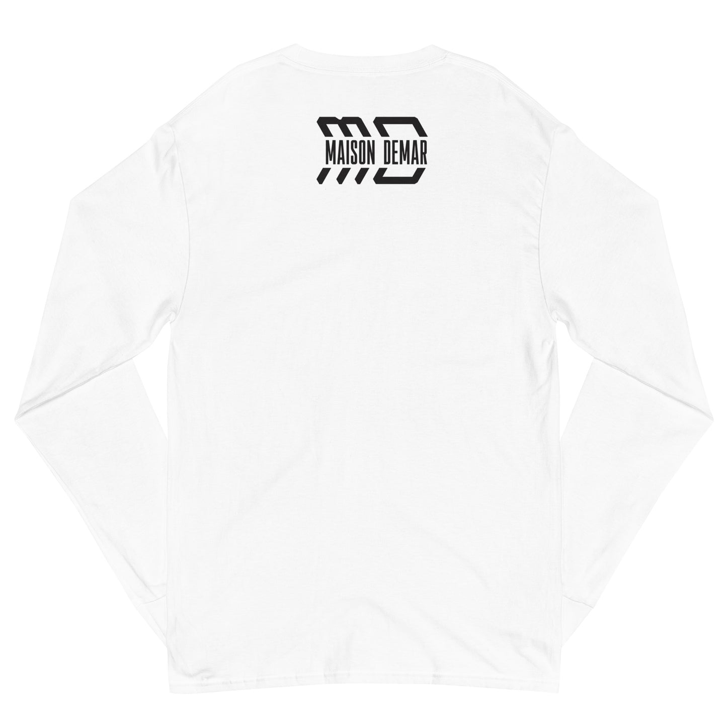 White t-shirt with black logo on a white background