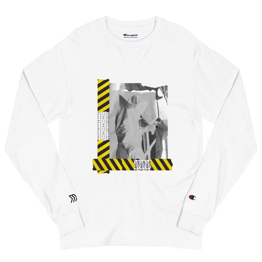 White long-sleeve shirt with graphic design and Champion branding on a white background