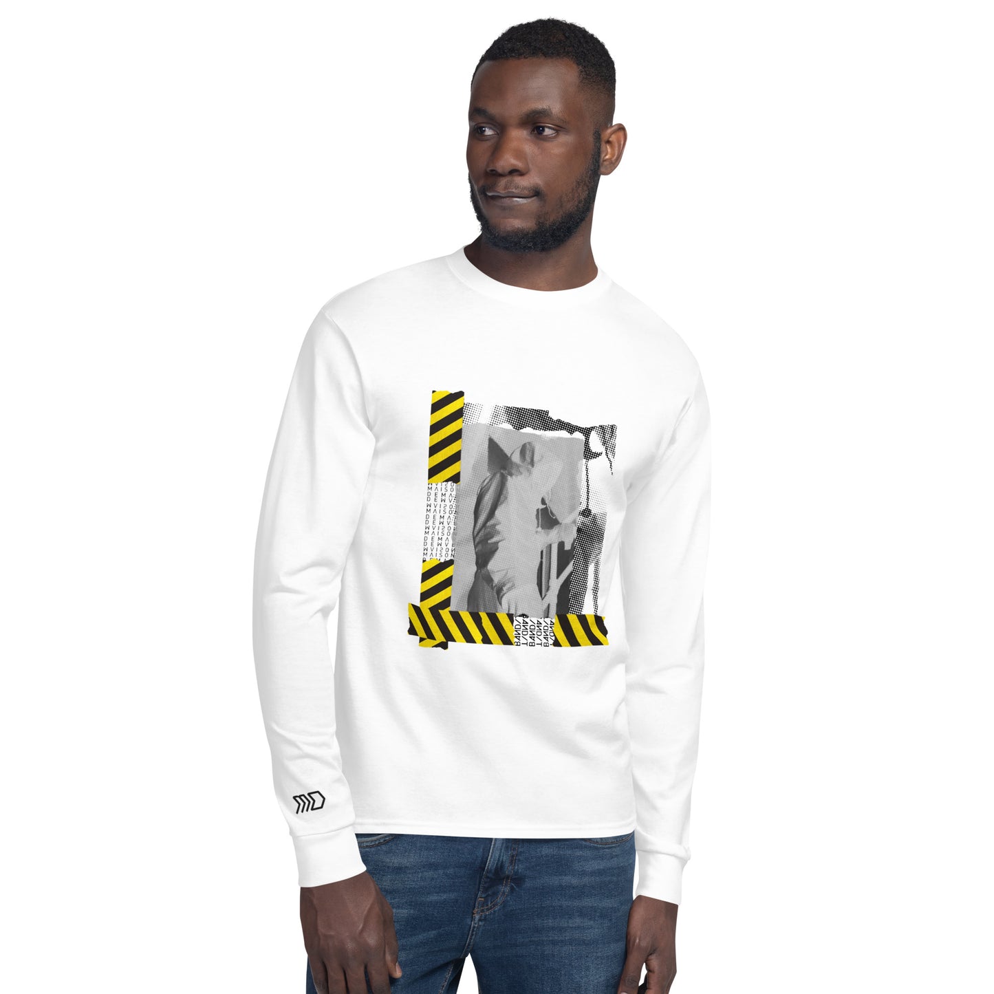 Man wearing a white long-sleeve shirt with graphic design on a white background