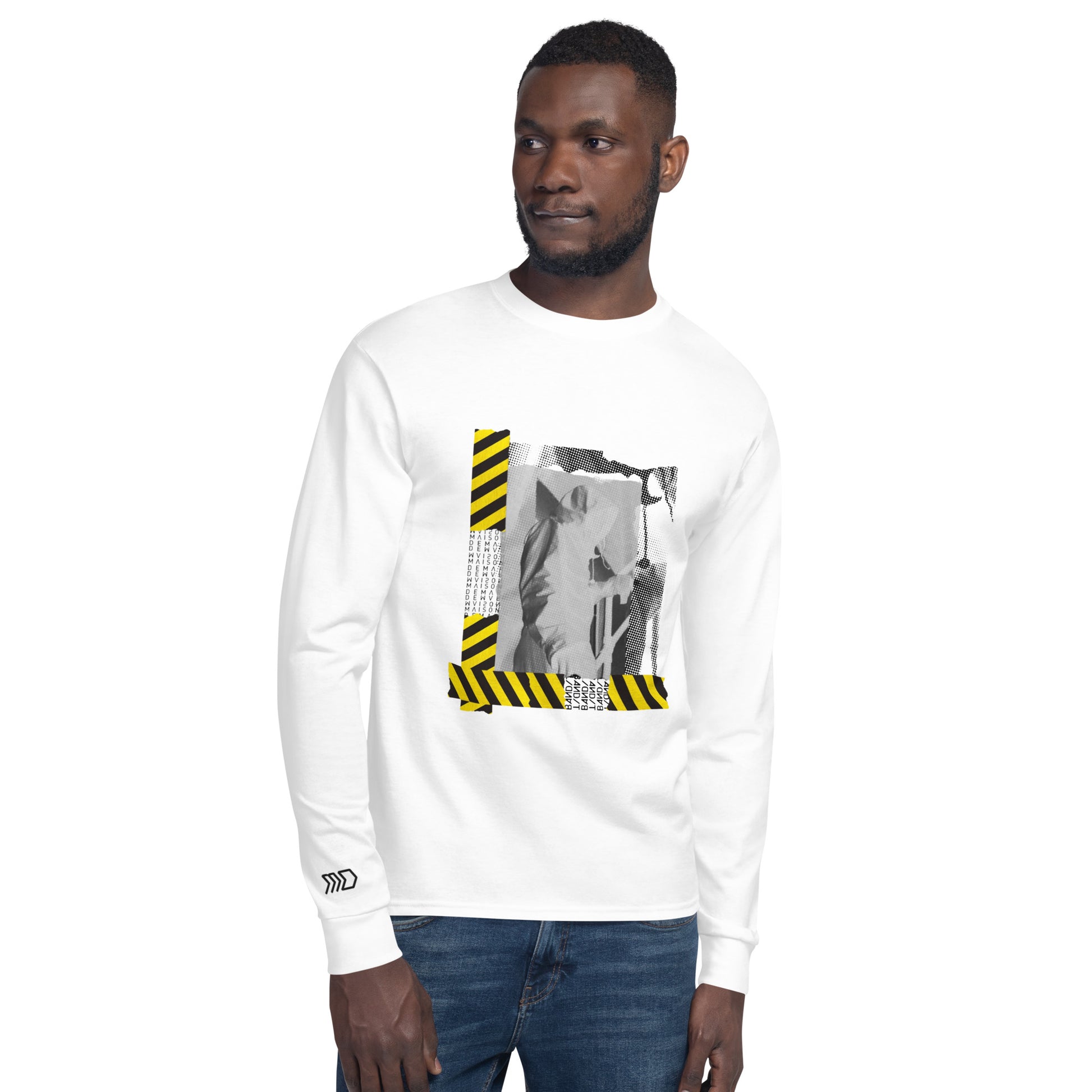 Man wearing a white long-sleeve shirt with graphic design on a white background