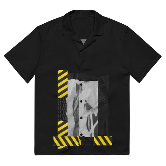Black shirt with yellow and gray design on a white background