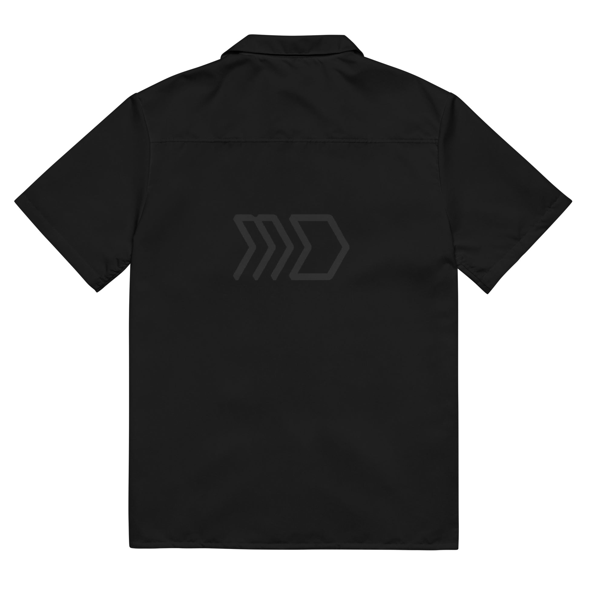 Black shirt with a logo on the back against a white background