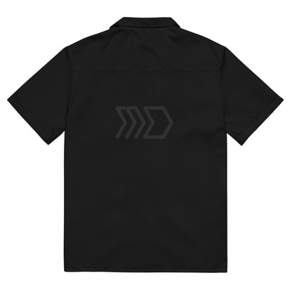 Black shirt with a logo on the back against a white background