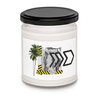 Candle jar with a black lid and a label featuring a palm tree, warning signs, and arrows on a white background.